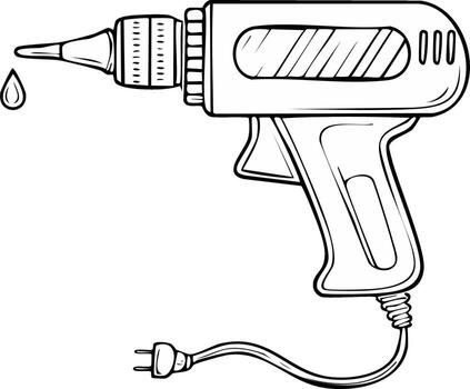 Outline illustration of a glue gun with cord and plug, with a drop of glue, crafting and DIY equipment concept vector