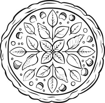 Monochrome outline illustration of a decorative pizza with symmetrical basil leaves and small toppings in a unique pattern vector