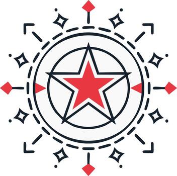 Red Star Centered in Abstract Geometric Compass Style Graphic Element vector