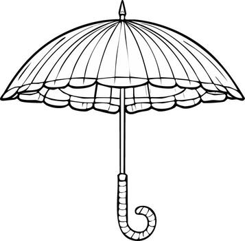 Detailed outline drawing of an open umbrella with a distinctive curved handle and ruffled canopy vector