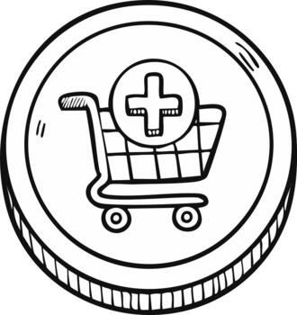 dibujado a mano compras carro icono con añadir símbolo dentro un redondo moneda botón vector