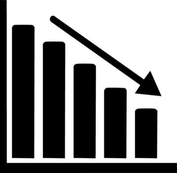Simple black icon of a declining bar chart with a downward arrow showing financial loss vector