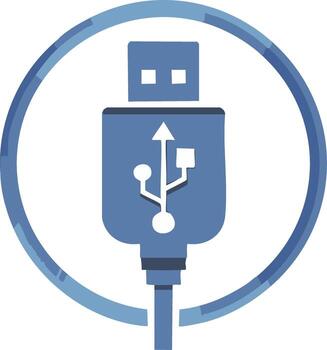 Stylized blue icon of a USB connector plug with a data symbol for technology and connectivity vector