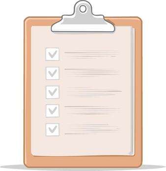 illustration of a brown clipboard with a completed checklist and multiple checkmarks vector