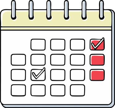 Hand drawn calendar illustration with check marks on selected dates, cartoon style vector