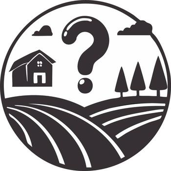 Question mark over a house, trees, and rolling fields, symbolizing uncertainty and choice vector