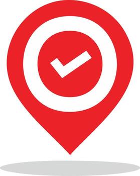 Red location marker with checkmark. Approved or confirmed location icon, red location map pointer vector