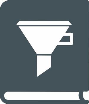 Book and funnel icon for information filtering, data organization, and knowledge refinement vector