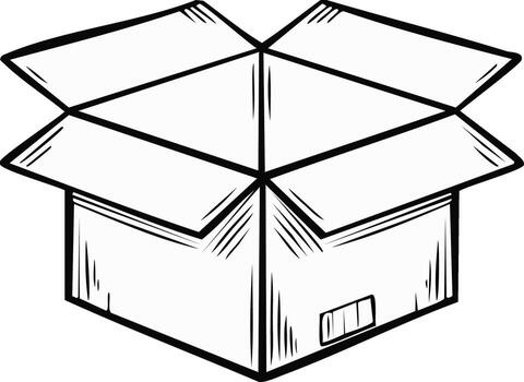 Open cardboard box illustration with flaps extending outwards in monochrome line art suitable for packaging designs vector