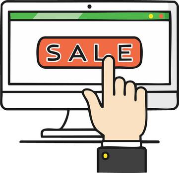 Online Shopping Concept with Finger Clicking Sale Button on Computer Monitor vector