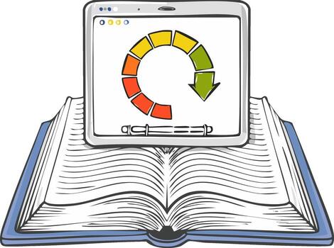 Hand drawn open book and modern tablet displaying a colorful circular progress bar vector