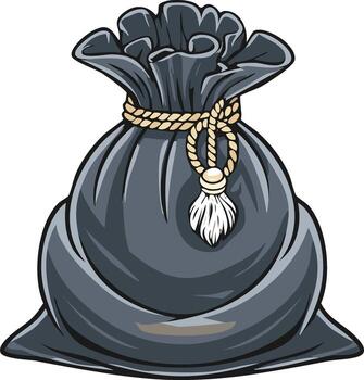 Illustration of a bulging drawstring sack, secured tightly with a knotted rope and a decorative tassel, evocative of old-fashioned storage vector