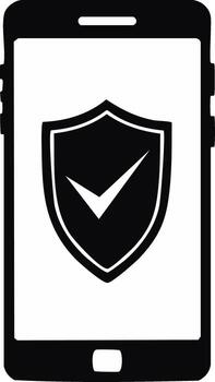 Smartphone screen displays a black shield icon with a checkmark indicating security and protection vector