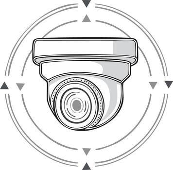Dome security camera illustration with circular motion indicators and directional arrows vector