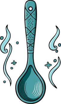 Whimsical Cartoon Teal Spoon with Ornate Handle Design and Abstract Floating Elements Illustration vector