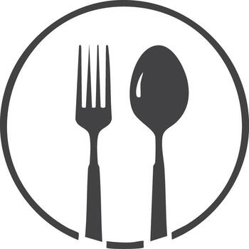 moderno minimalista cuchillería icono presentando un tenedor y cuchara adjunto en un circular símbolo vector