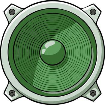 Vivid green loudspeaker illustration features a dynamic audio driver and metal brackets in a captivating composition vector