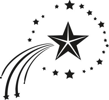 Black and white star icon with dynamic motion lines and an arc of multiple small stars vector