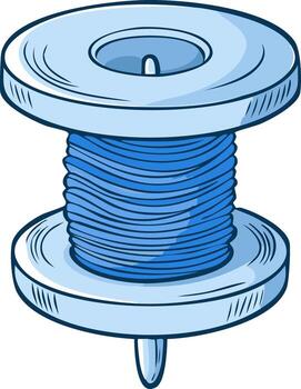 Cartoon illustration of a spool of thread with a blue colored thread vector