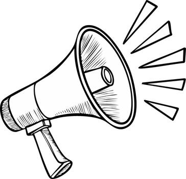 Loudspeaker sketch, amplification equipment with sound waves, promoting message to the public, outline drawing in black and white vector