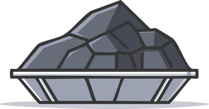 Pile of dark rocks in a grey container against a white background vector