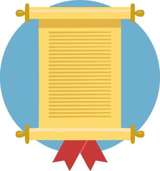 Stylized golden paper scroll with text and red ribbon ancient decree or official certificate diploma vector