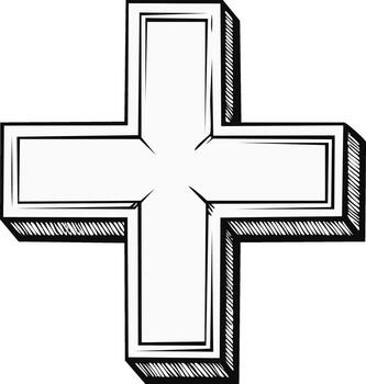 Plus Sign Symbol, Line Art Illustration, Hatching Shadow Effect, Addition Sign with White Fill vector