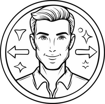 Illustration of a Handsome Man in a Circular Frame with Arrows and Sparkles, Ready for Coloring vector