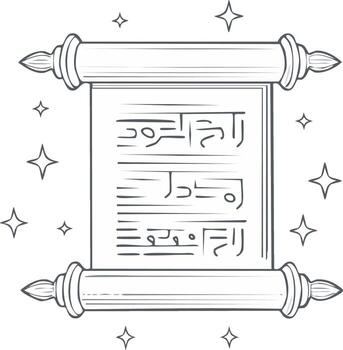 Mystical magic scroll with unreadable symbols and sparkling stars line art illustration vector