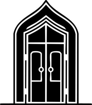 Stylized double doors with arched frame, graphic entry point design element for portal themes, and interior access vector