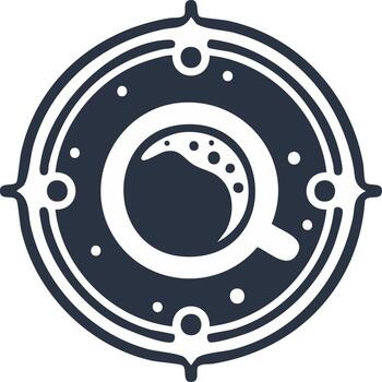 Mystical coffee cup icon with a crescent moon foam design in a celestial compass frame vector