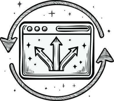 Web distribution and choices doodle showing a browser window with outgoing arrows and a refresh cycle icon vector