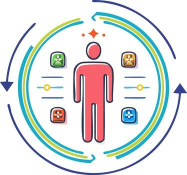 Conceptual illustration of a user persona with customizable attributes and a feedback loop for data analysis vector