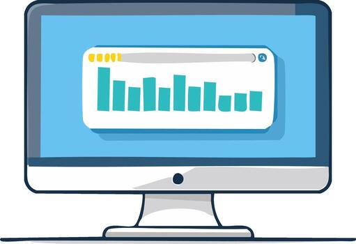 Desktop computer screen showing data analysis bar graph illustration vector
