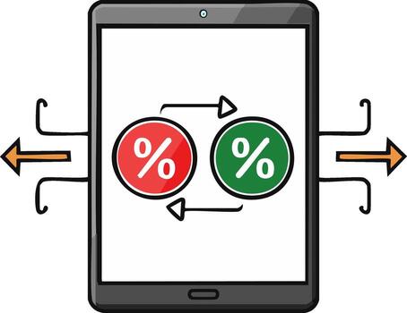 Tablet showing red and green circles with percentage signs and arrows symbolizing exchange vector