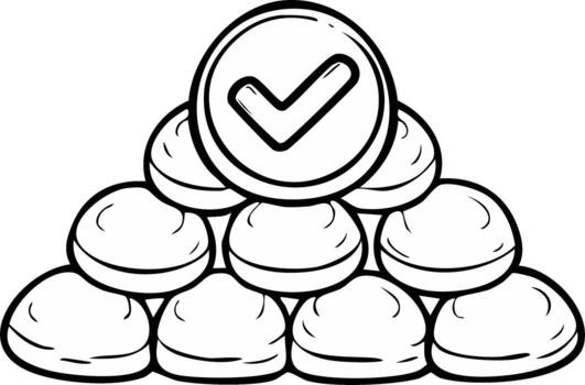 Validated success icon with a checkmark on a pyramid stack of coins line art vector