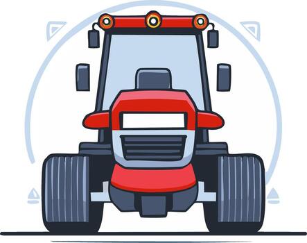 Front view of a red and blue tractor with a cartoon-like style vector