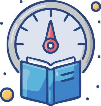 Open book with a speedometer gauge icon representing learning speed and progress vector