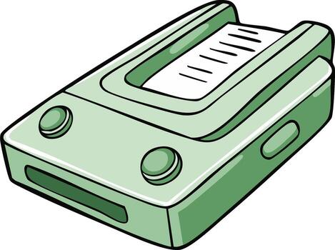 Cartoon retro fax machine sending documents with two buttons and a slot vector