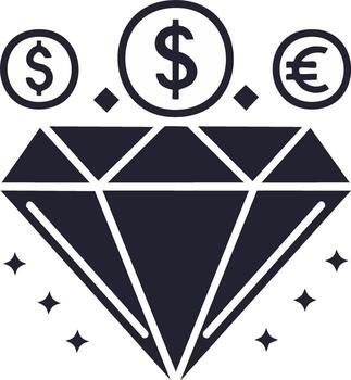 Diamond graphic with currency icons representing value and wealth for financial concepts vector