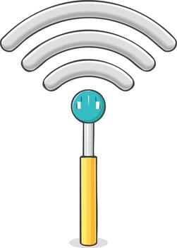 Cute cartoon wireless signal antenna symbol with radiating waves showing network strength or internet connection vector