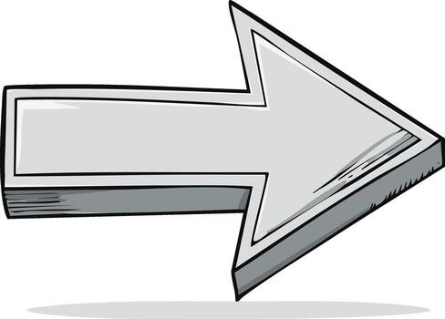 Cartoonish grey arrow pointing to the right with a shaded border and shadow vector