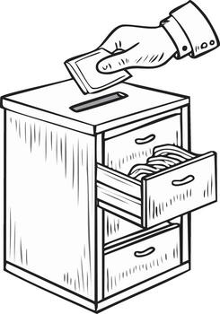 Line Art Hand Putting Document into Box with Drawer Full of Documents vector