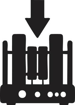 Monochrome audio amplifier outline with descending arrow emphasizing component placement or hardware compatibility for sound vector