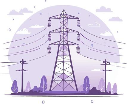 High voltage pylon carrying power lines across a landscape with stylized trees and clouds vector