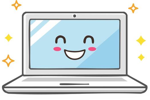 Cute Cartoon Laptop Computer Screen Displaying a Big Happy Smiling Face with Bright Sparkles vector