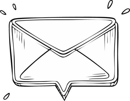 Hand-drawn message envelope with speech bubble shape and notification sparks vector