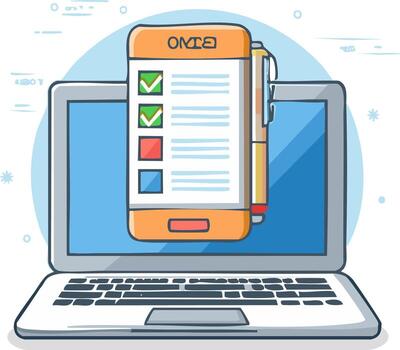 Digital task management concept with a checklist on a smartphone screen displayed over a laptop vector