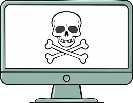 Computer monitor with skull and crossbones on screen vector