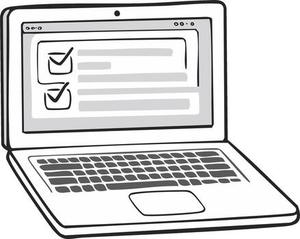 Hand-drawn laptop displaying a checklist with completed items and text fields vector